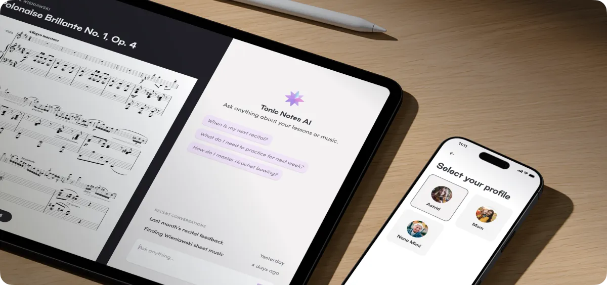 An iPad showing sheet music beside the Tonic Notes AI panel, next to an iPhone on the Select your profile screen.