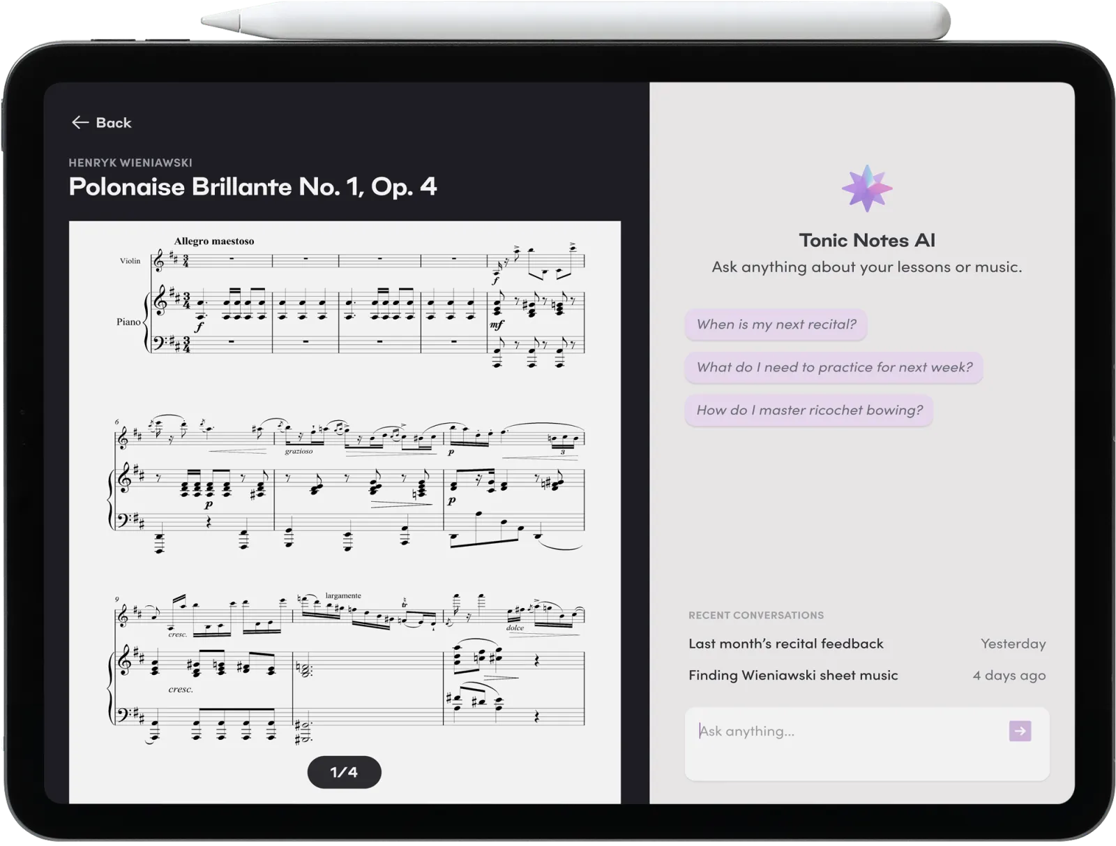 An iPad in landscape showing a Wieniawski score on the left and Tonic Notes AI on the right.