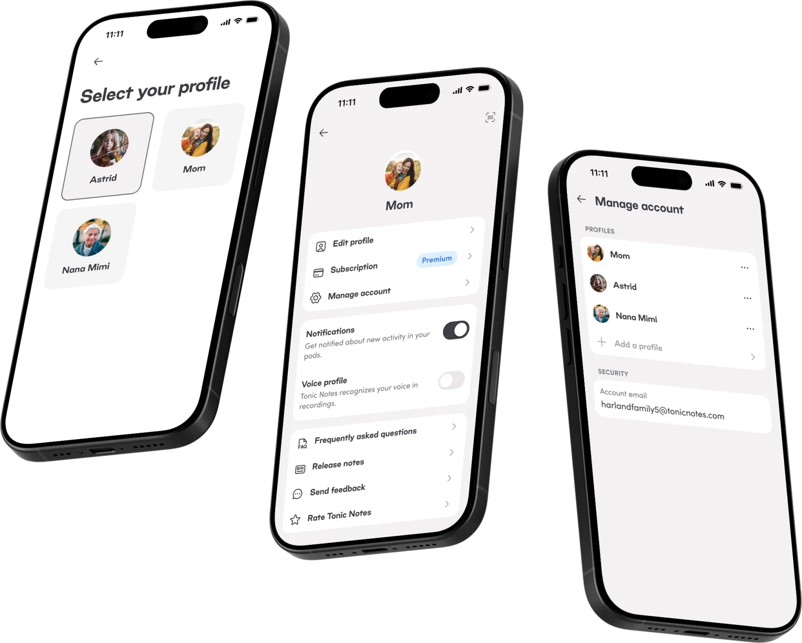 Three iPhones showing the Select your profile screen, a profile's settings, and the Manage account screen with three profiles and an Add a profile row.