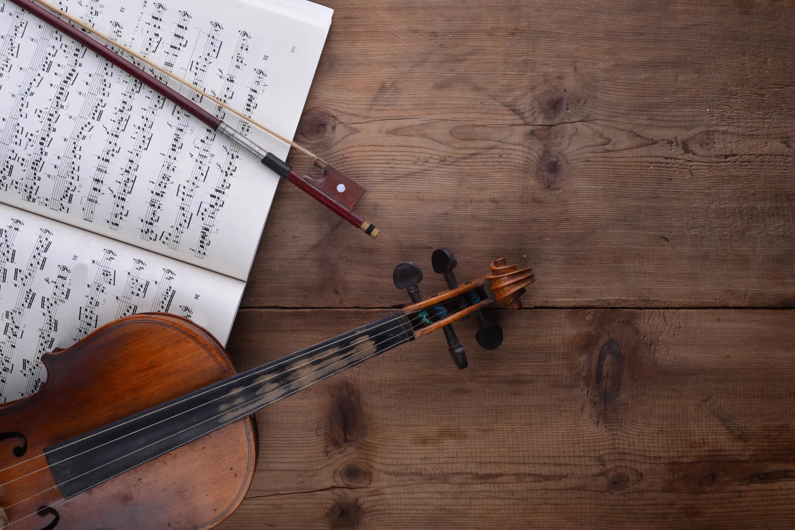A violin and bow resting on an open score